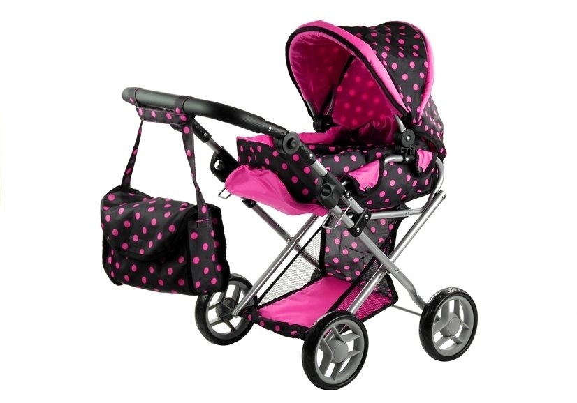 Poppenwagen Zwart/Roze Stippen + Acc. - 40% Korting!