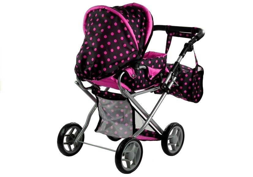 Poppenwagen Zwart/Roze Stippen + Acc. - 40% Korting!