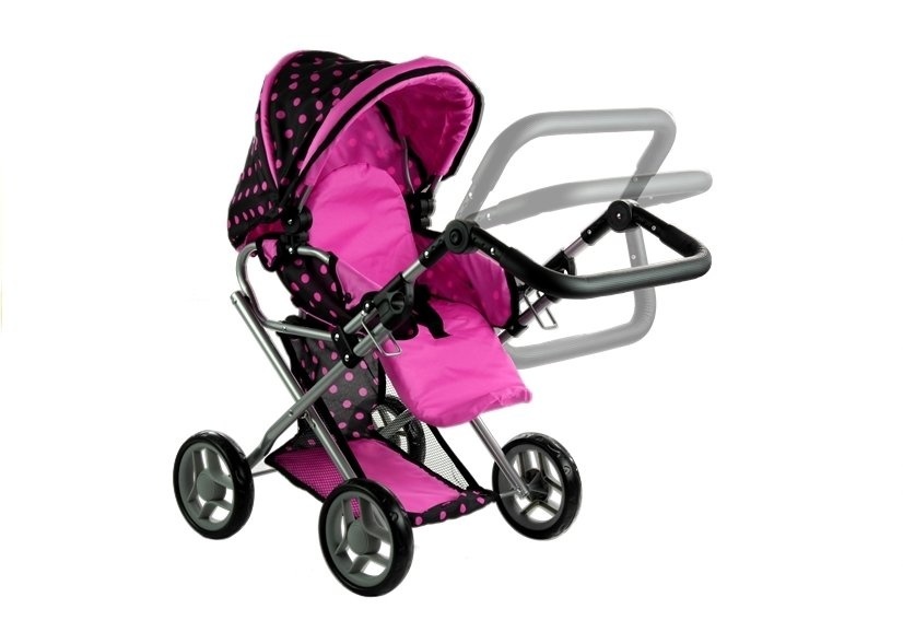 Poppenwagen Zwart/Roze Stippen + Acc. - 40% Korting!