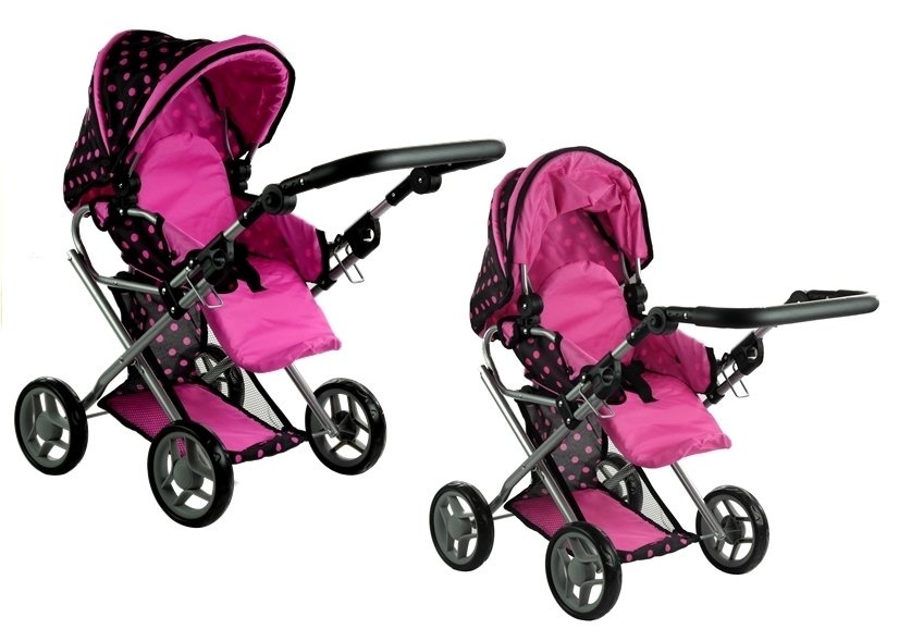 Poppenwagen Zwart/Roze Stippen + Acc. - 40% Korting!