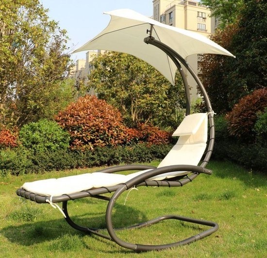 Schommelstoel Tuin met Parasol - Beige - 40% Korting!