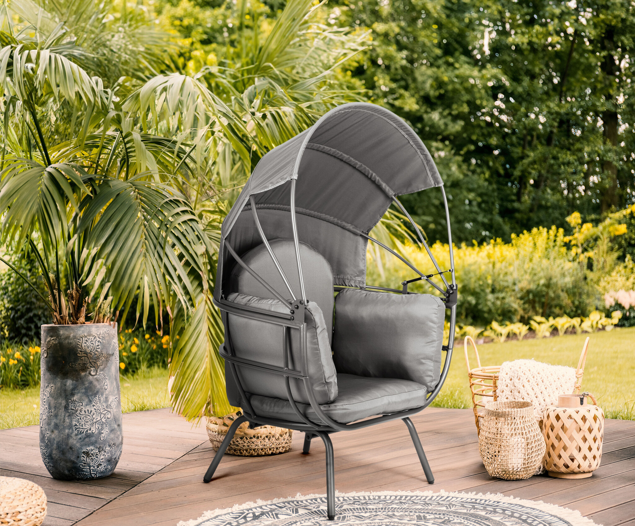 Loungestoel tuin - stalen constructie - 150kg max - opvouwbare luifel