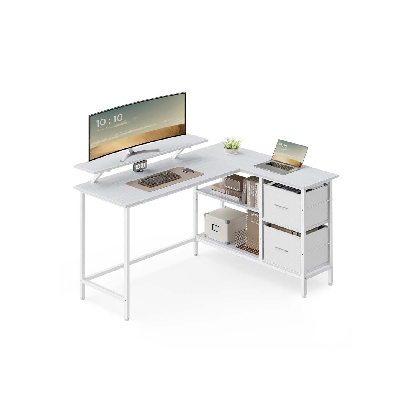 Bureau en Forme de L avec 2 Tiroirs Spacieux - Blanc érable / 135L cm