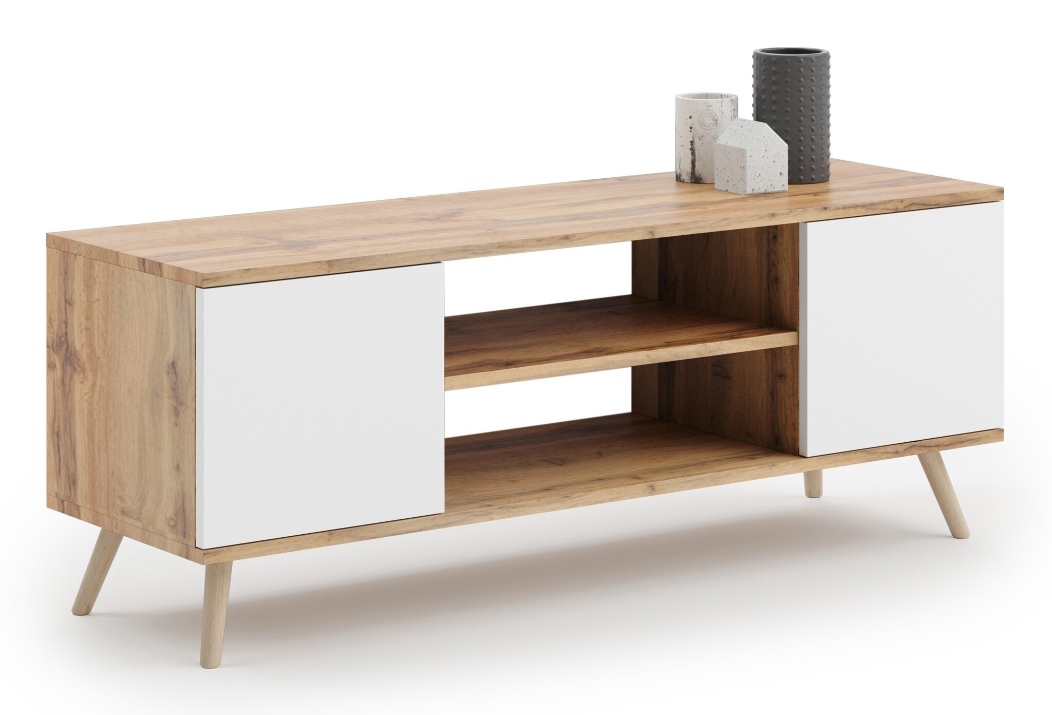 TV-Meubel Bruin/Wit - Houten Poten - 155cm - 40% Korting!