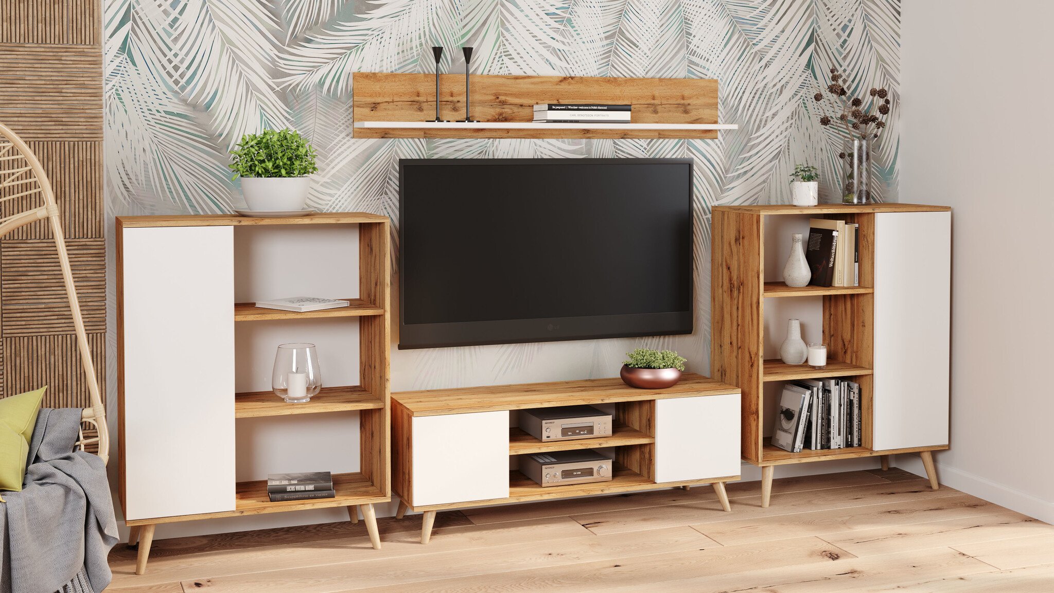 TV-Meubel Bruin/Wit - Houten Poten - 155cm - 40% Korting!