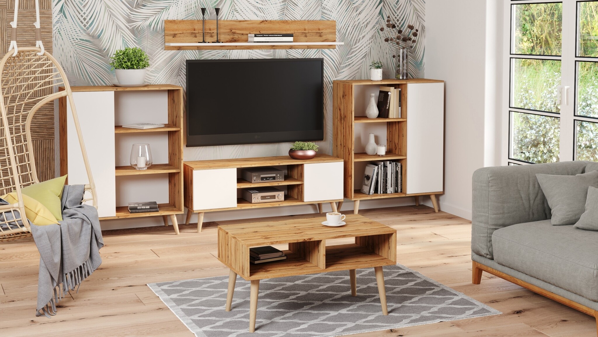 TV-Meubel Bruin/Wit - Houten Poten - 155cm - 40% Korting!