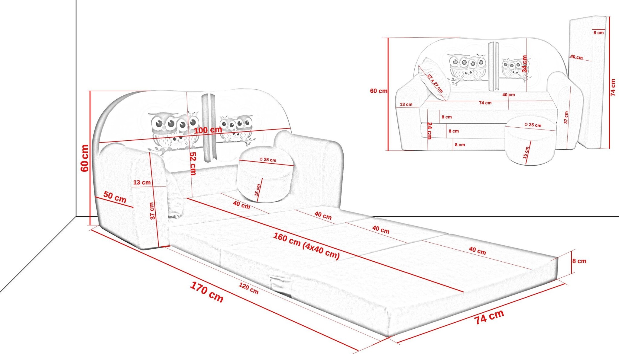 Kinder Slaapbank Set Uiltjes Roze - 40% Korting!