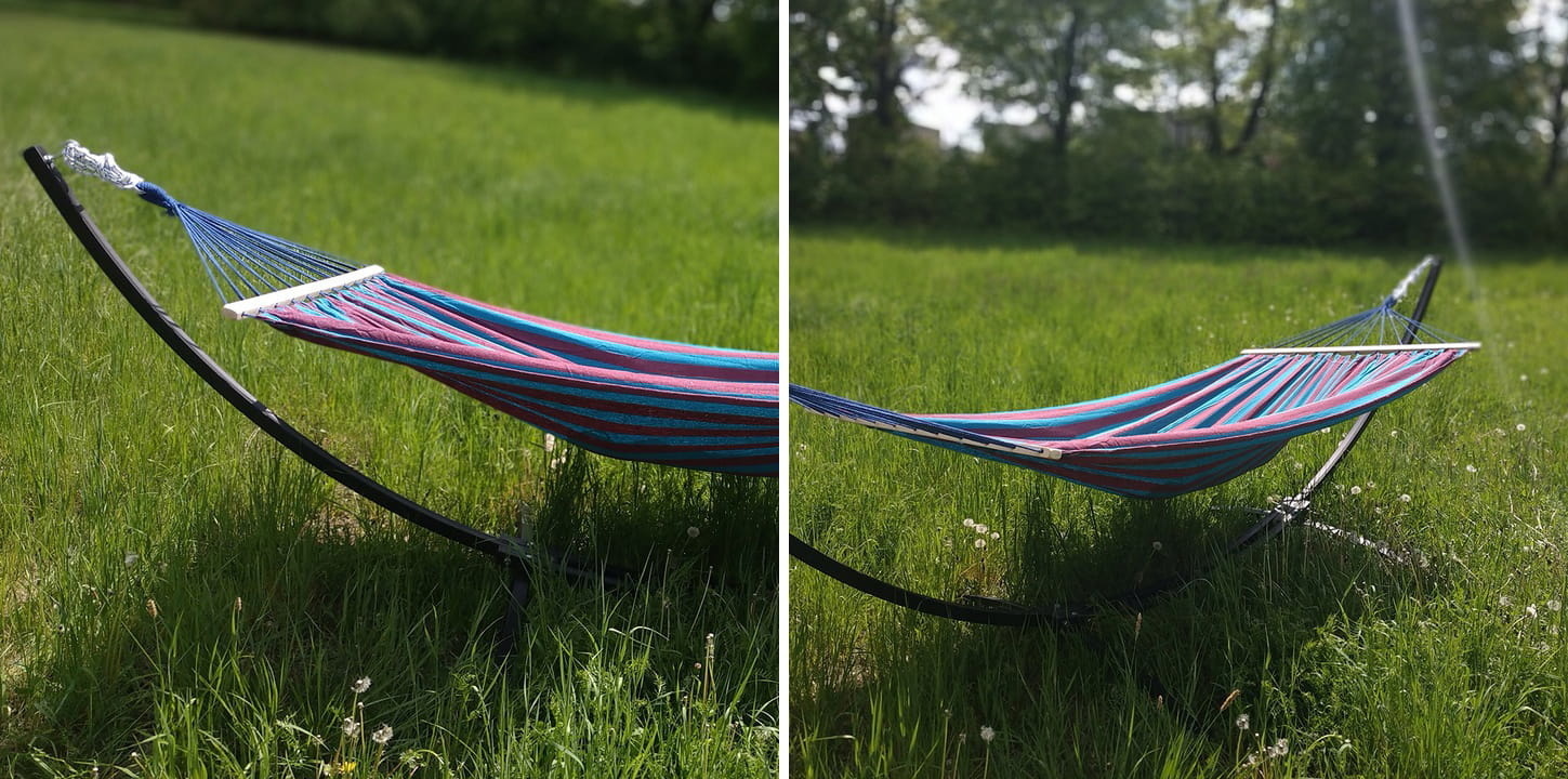 68% Korting! Hangmat Frame Zwart + Blauwe Streep Hangmat (220x160cm) - NU VOORRAAD!