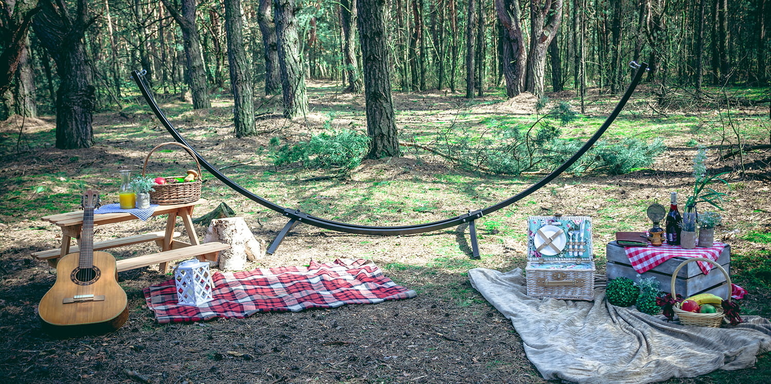 68% Korting! Hangmat Frame Zwart + Blauwe Streep Hangmat (220x160cm) - NU VOORRAAD!