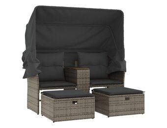 vidaXL Tuinbank 2-zits met luifel en voetenbanken poly rattan grijs