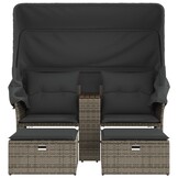 vidaXL Tuinbank 2-zits met luifel en voetenbanken poly rattan grijs