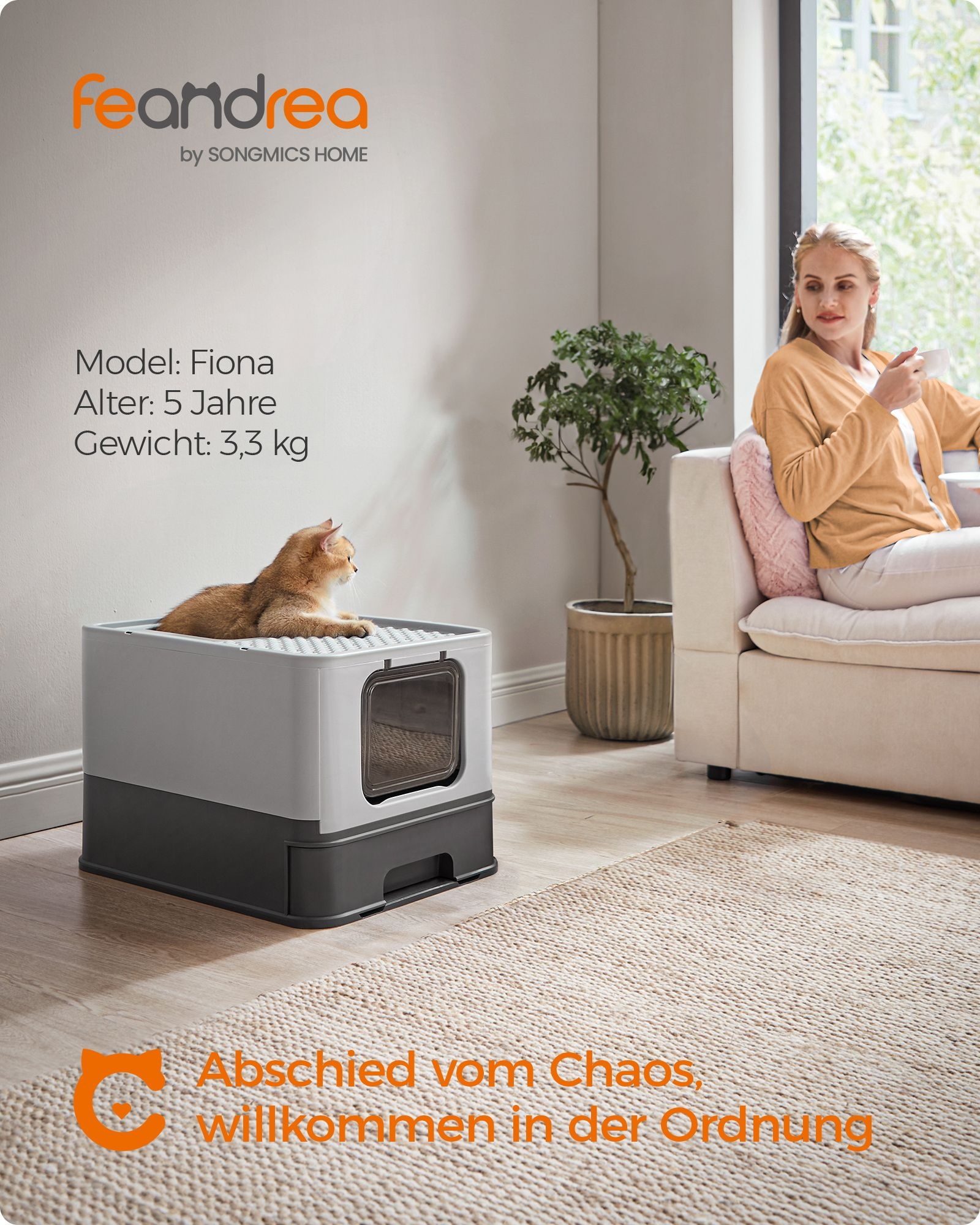 Feandrea Hidden Cat Litter Box, Cat Litter Tray with Hood, Slide-Out Tray, Scoop, Brush, Spacious for Large Cats, Max. Load 15 kg, Anti-Tracking, Anti-Leaking, Charcoal Grey and Dove Grey PPT001B01