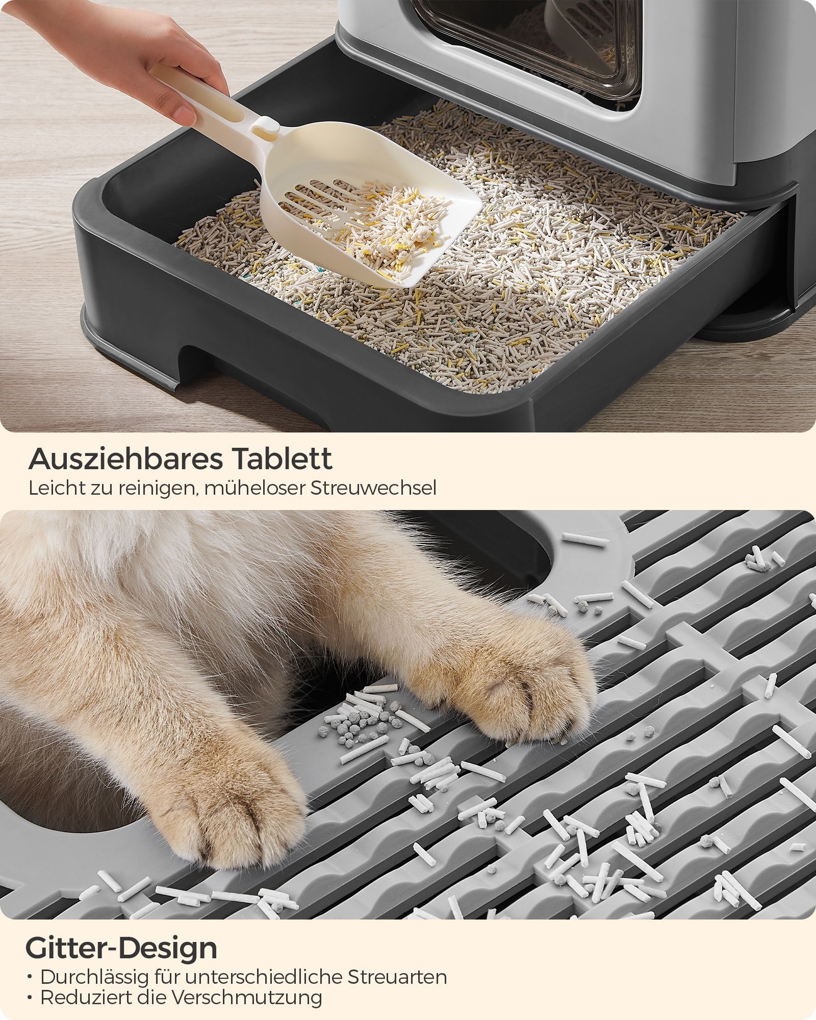 Feandrea Hidden Cat Litter Box, Cat Litter Tray with Hood, Slide-Out Tray, Scoop, Brush, Spacious for Large Cats, Max. Load 15 kg, Anti-Tracking, Anti-Leaking, Charcoal Grey and Dove Grey PPT001B01