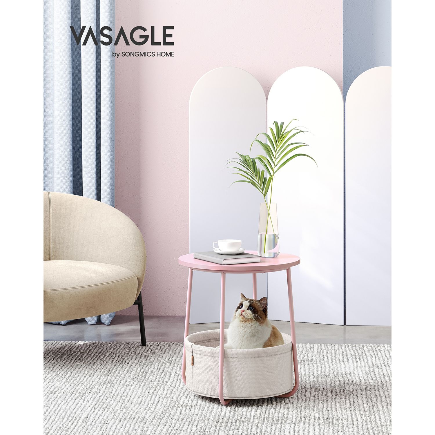 Ronde Bijzettafel Pastel Roze - 40% Korting! - Met Opbergmand