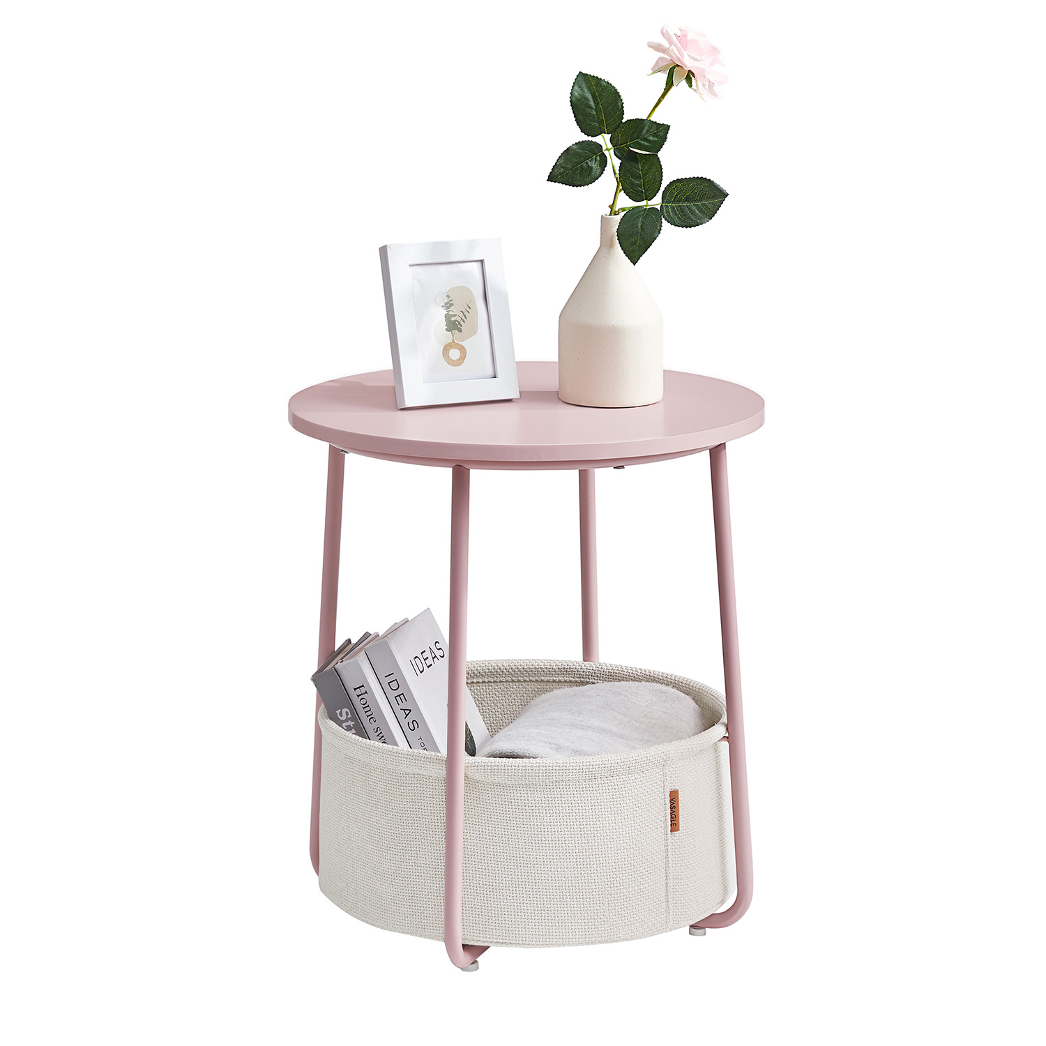 Ronde Bijzettafel Pastel Roze - 40% Korting! - Met Opbergmand