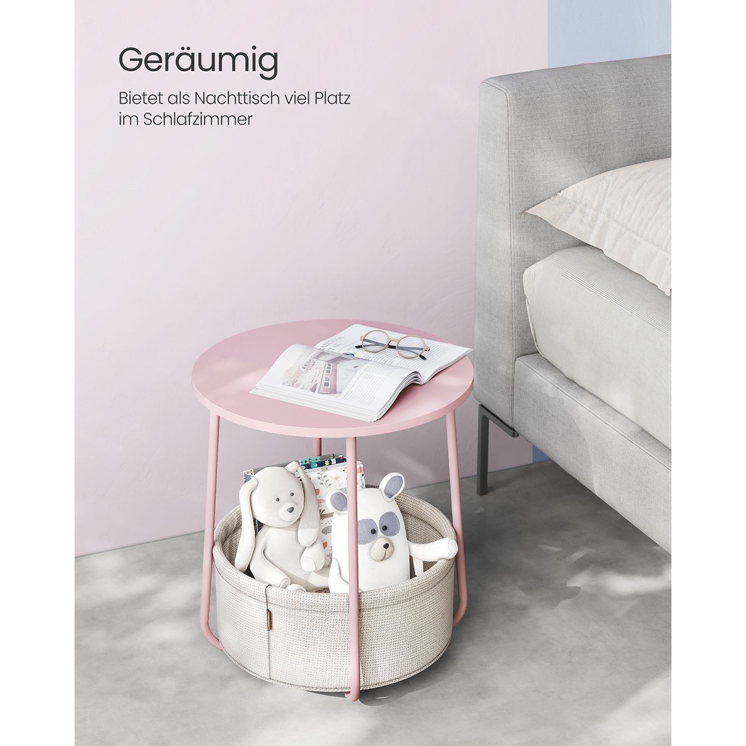 Ronde Bijzettafel Pastel Roze - 40% Korting! - Met Opbergmand