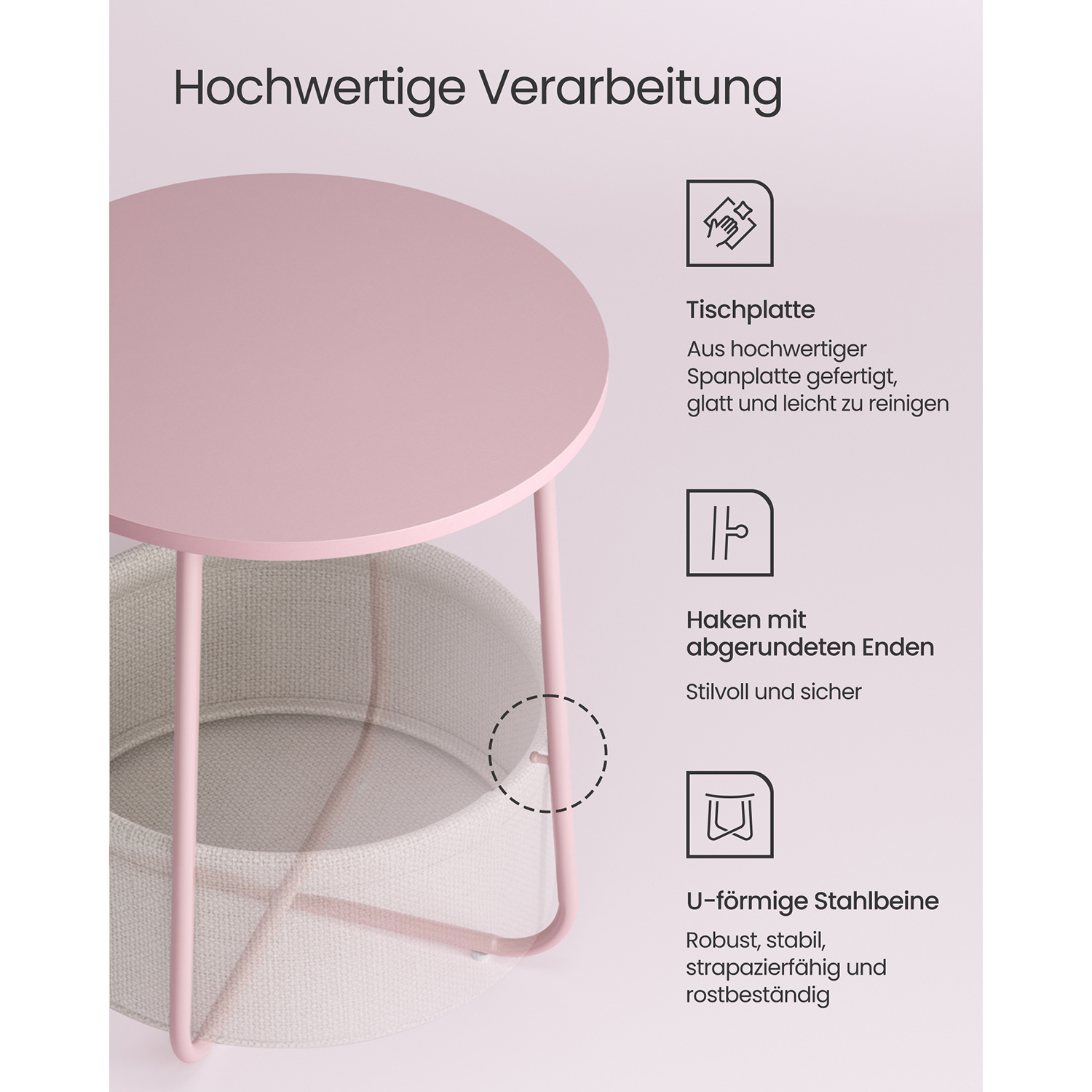 Ronde Bijzettafel Pastel Roze - 40% Korting! - Met Opbergmand
