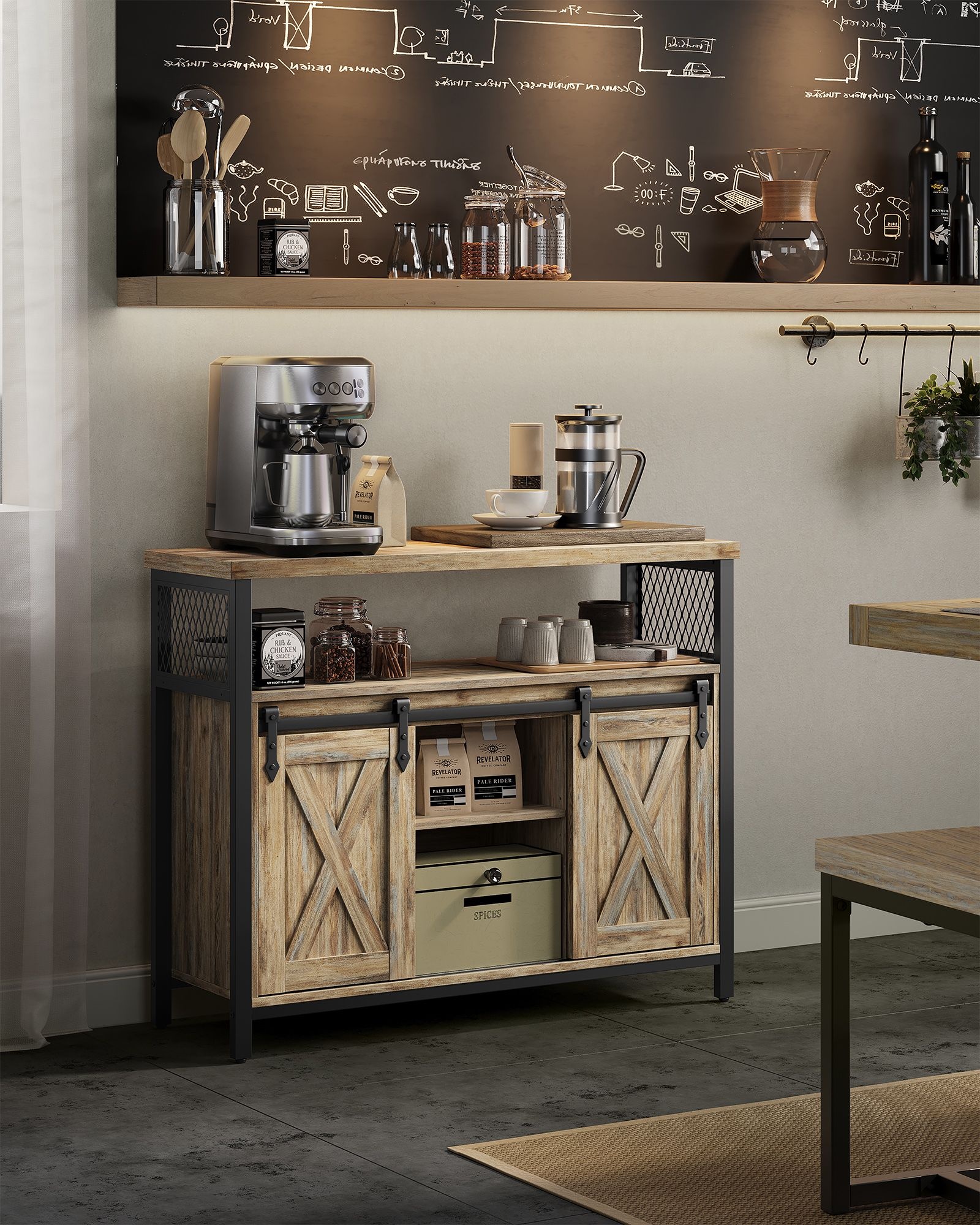 VASAGLE Sideboard - 40% Korting! Keukenkast met Schuifdeuren, Turquoise Bruin & Zwart