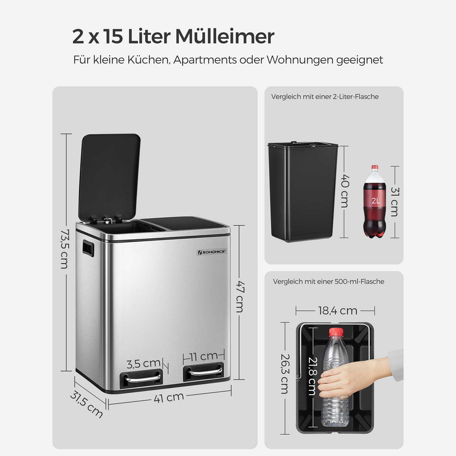 SONGMICS 2x15L RVS Afvalscheidingsbak met Deksel & Pedalen - 40% Korting!