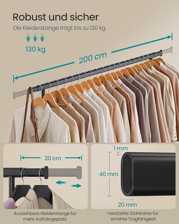 SONGMICS Kledingrek op Wielen - Zwaar, Uitschuifbaar, 150kg Max, 40% Korting!