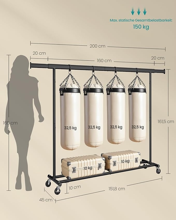 SONGMICS Kledingrek op Wielen - Zwaar, Uitschuifbaar, 150kg Max, 40% Korting!