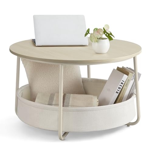 Ronde Salontafel Natural Beige 75cm met Opbergmand - 40% Korting!