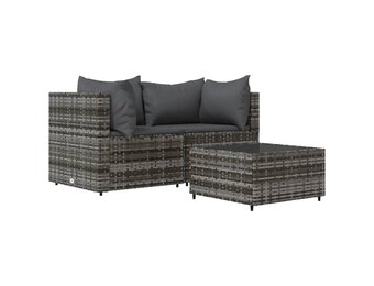 vidaXL 3-delige Loungeset met kussens poly rattan grijs