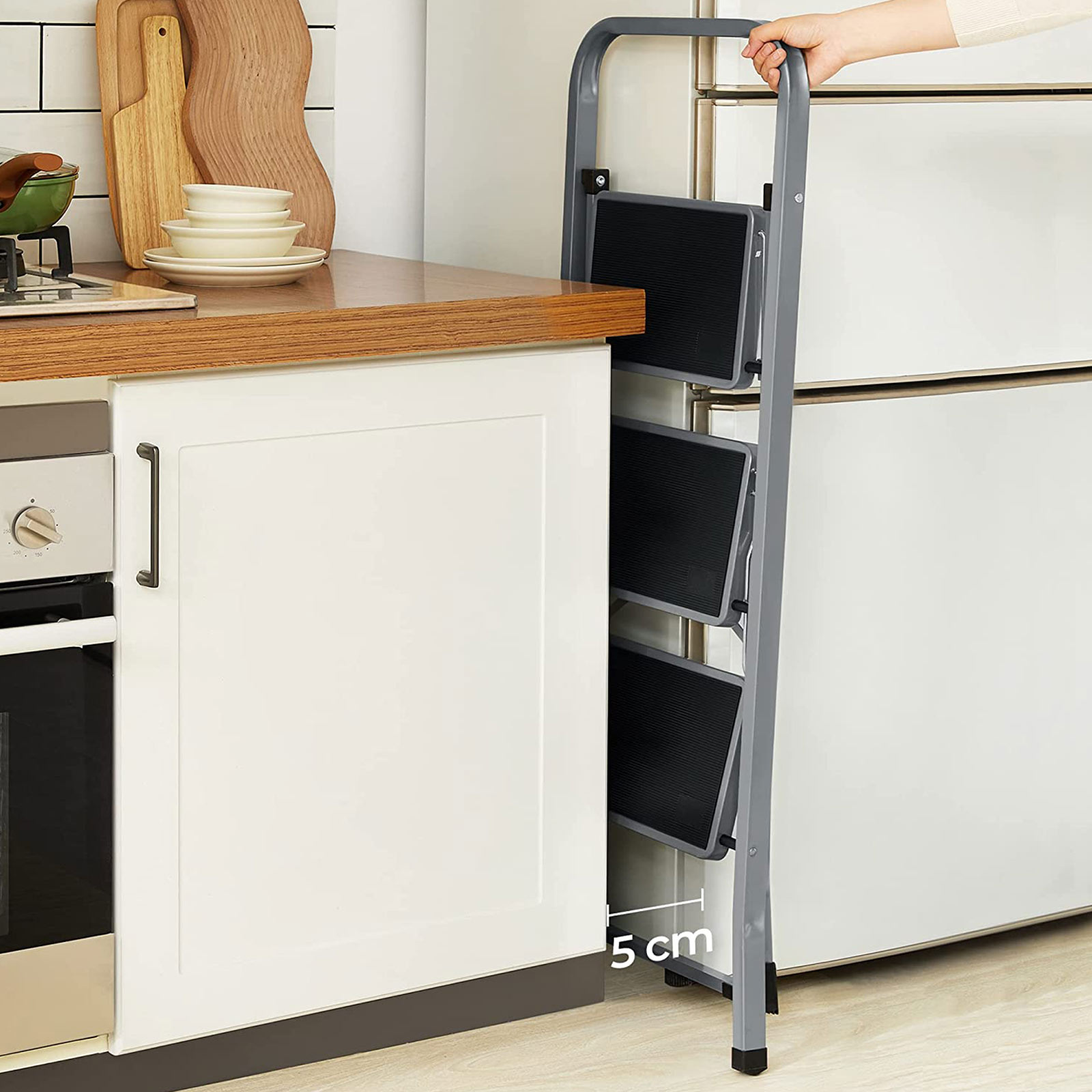 SONGMICS 3-Treden Opvouwbare Ladder - 35% Korting! - Staal, Grijs/Zwart