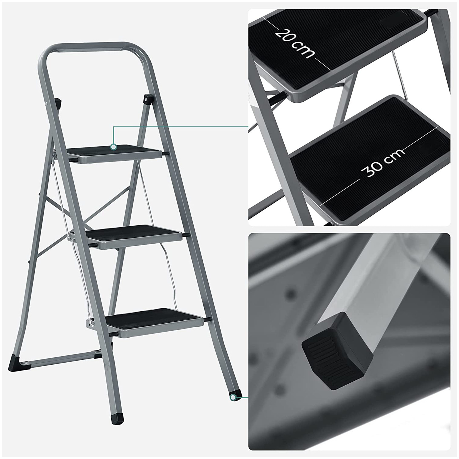 SONGMICS 3-Treden Opvouwbare Ladder - 35% Korting! - Staal, Grijs/Zwart