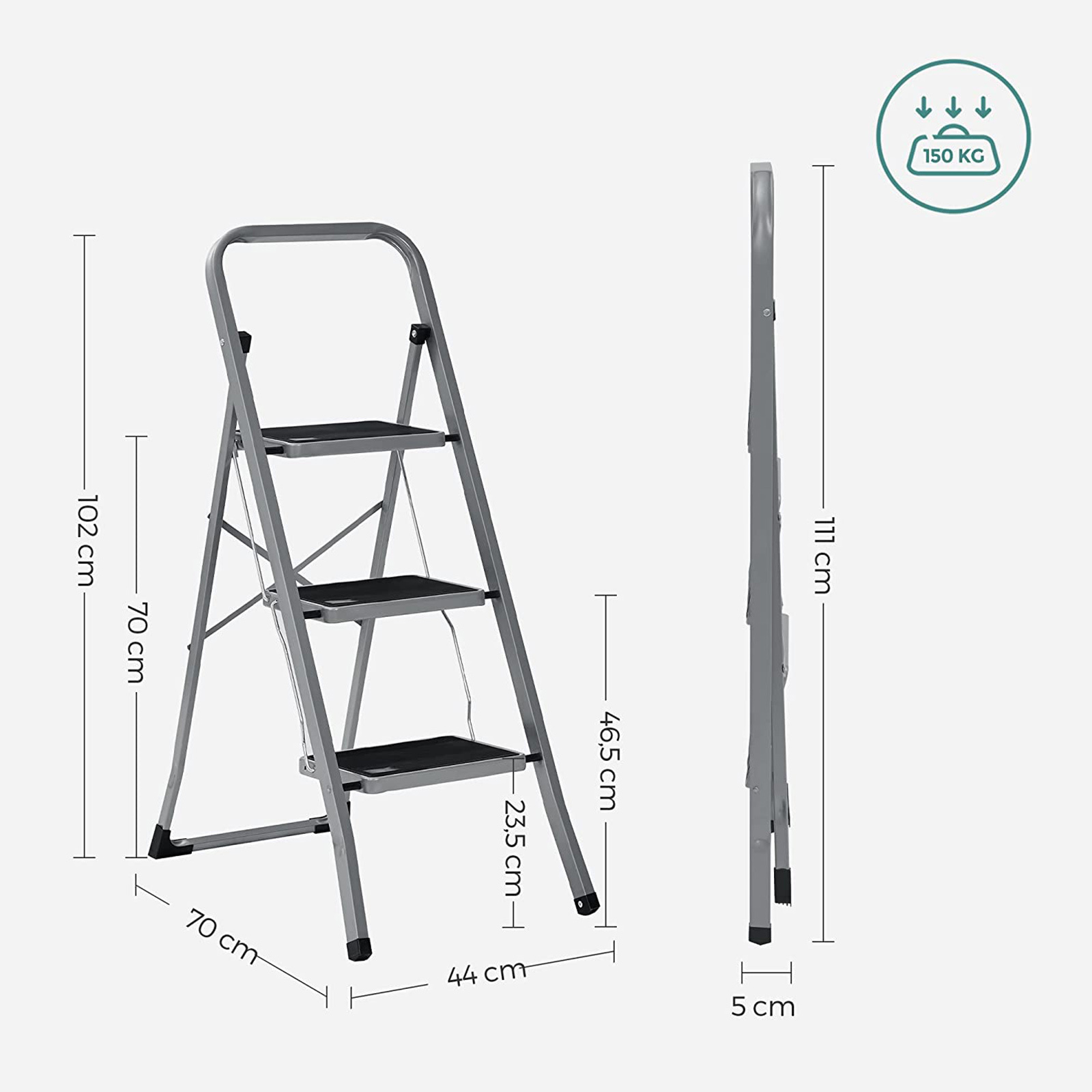 SONGMICS 3-Treden Opvouwbare Ladder - 35% Korting! - Staal, Grijs/Zwart