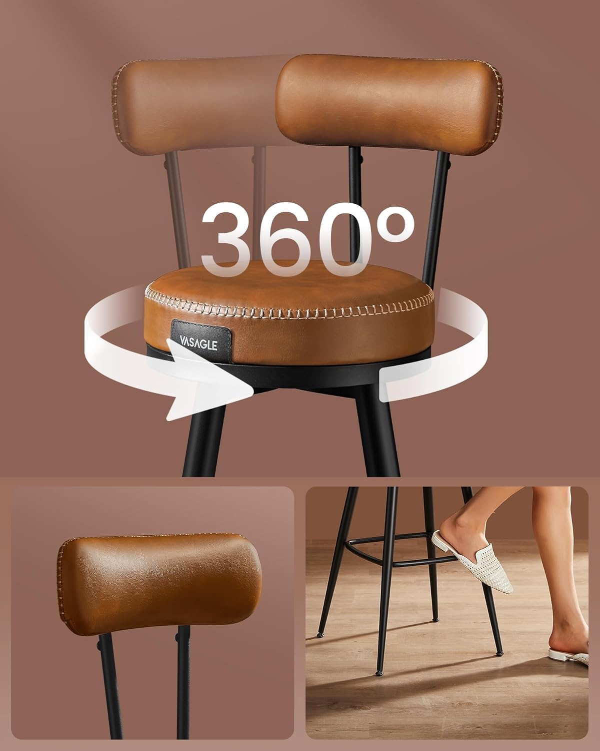 VASAGLE EKHO Barstoelen Set (2) - Lederlook, 360° Draaibaar - 40% Korting!