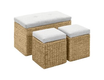 vidaXL Bankje met 2 Poefs Zeegras (Grijs Kussen) - 55% Korting!