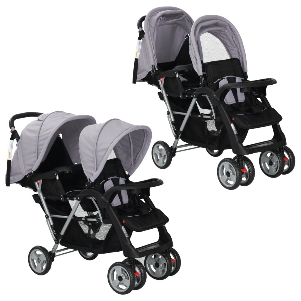 Dubbele Kinderwagen Staal Grijs/Zwart - 40% Korting! Nu met Korting!