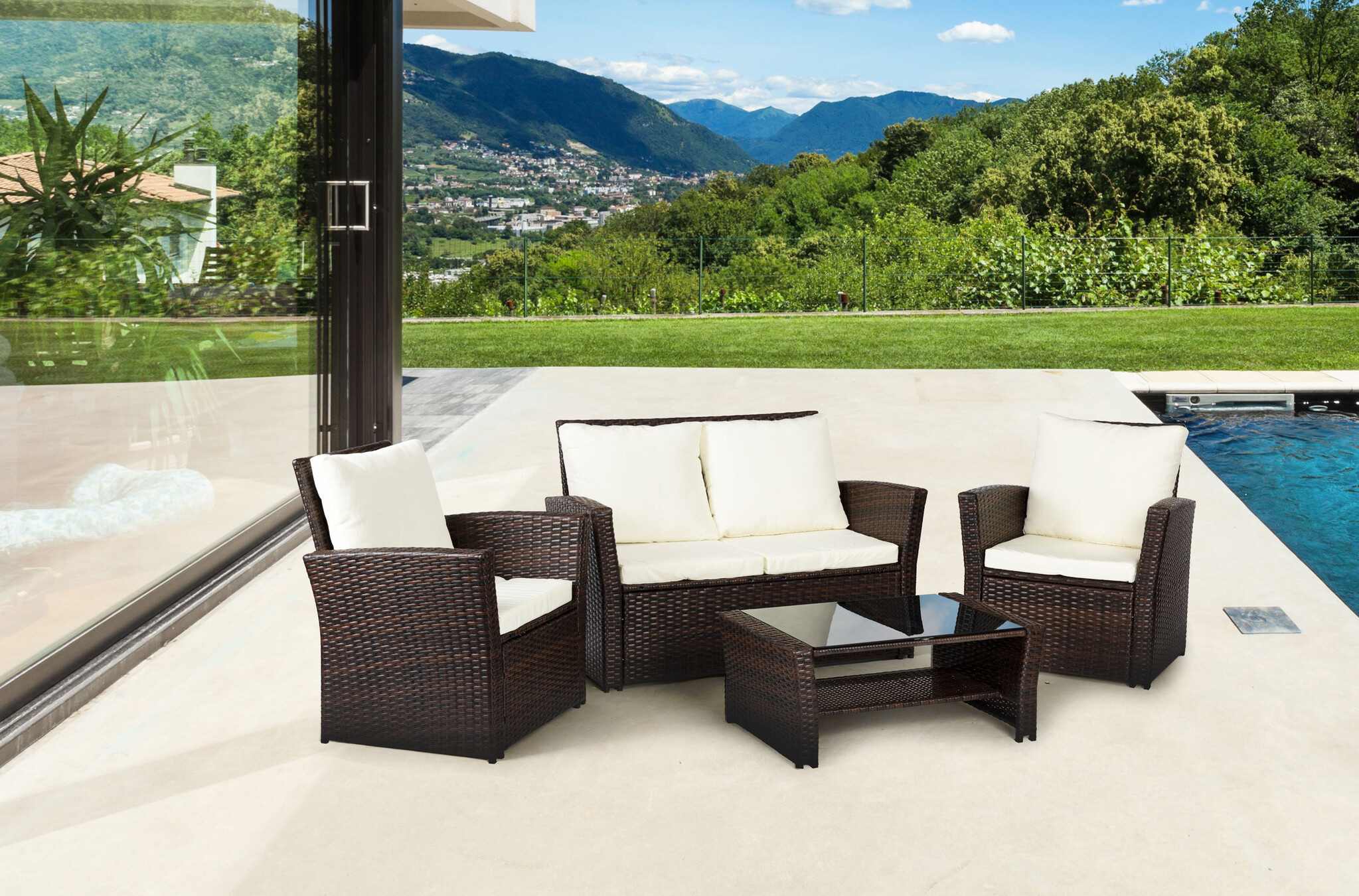 Loungeset Tuin 4-Persoons Polyrattan Bruin/Wit - 51% Korting!