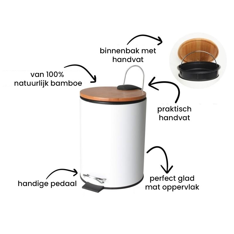 Pedaalemmer Badkamer 3L Wit Bamboe - 40% Korting! Uniek Design