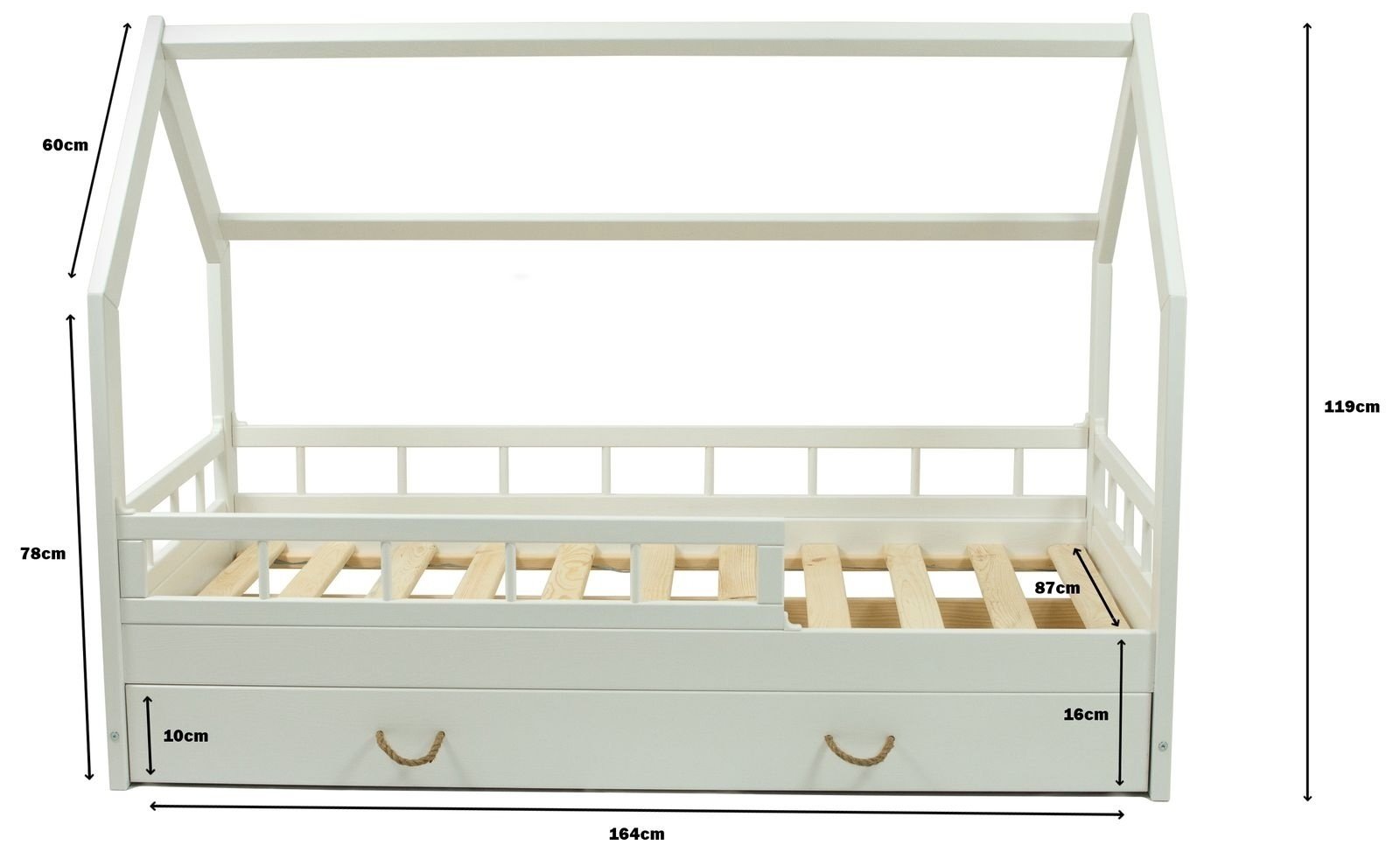 Massief houten kinderbed - Scandinavische stijl - huisbed - 160x80cm - met barrierres - grijs