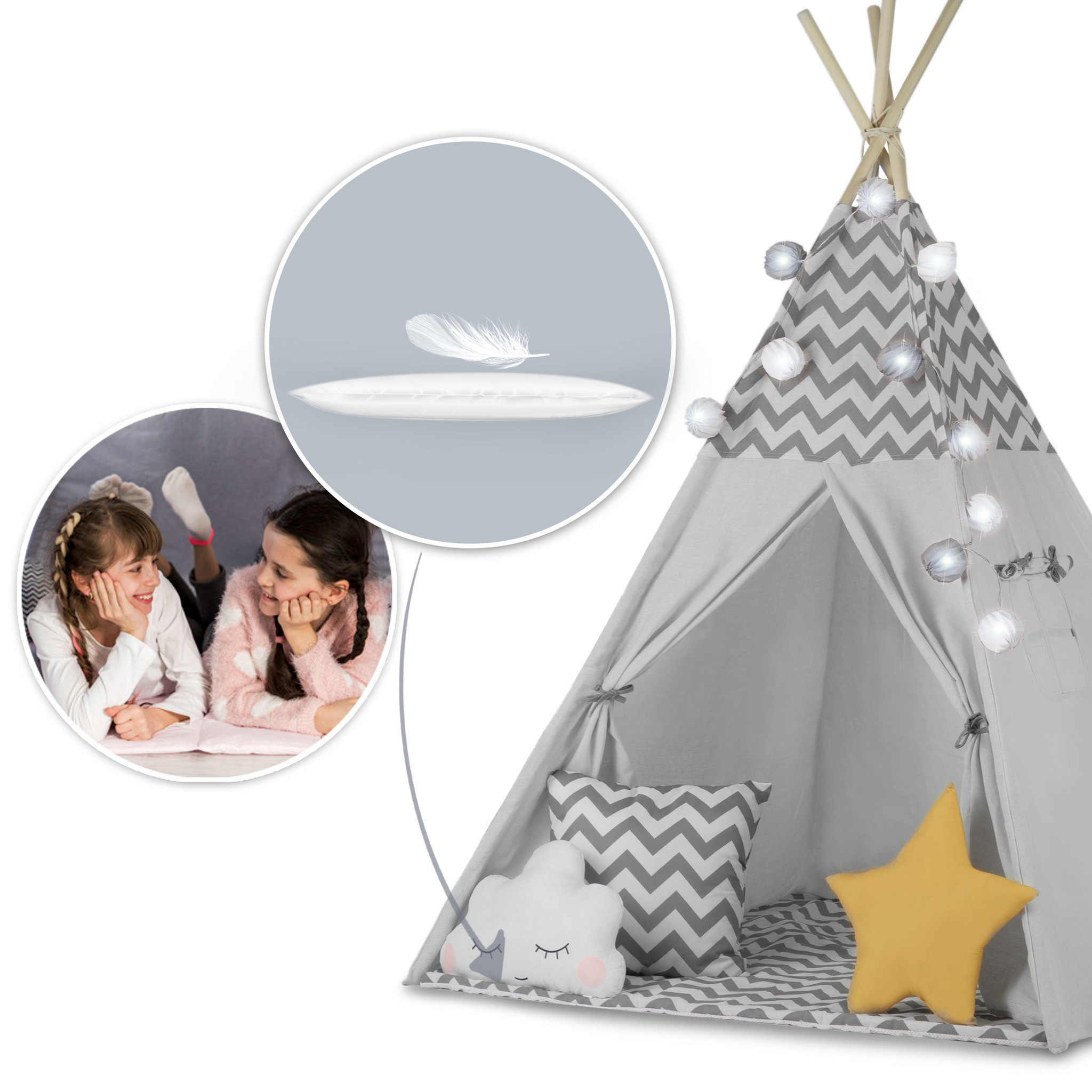 Tipi tent - Speeltent kind - met licht & kussens - zigzag