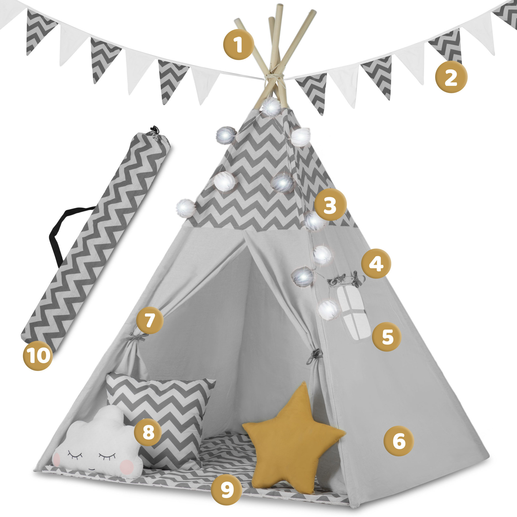 Tipi tent - Speeltent kind - met licht & kussens - zigzag