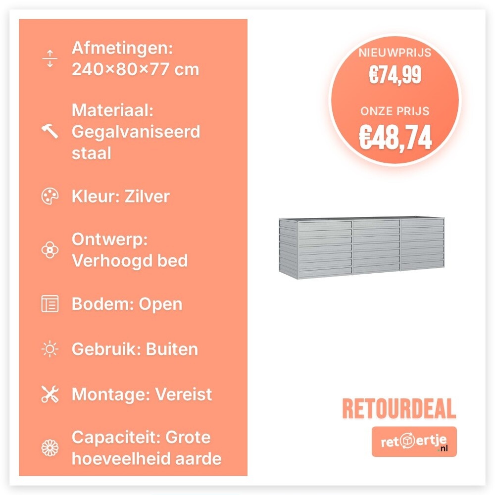 VidaXL Verhoogde Plantenbak - 240x80x77cm - Gegalvaniseerd Staal - 62% Korting!