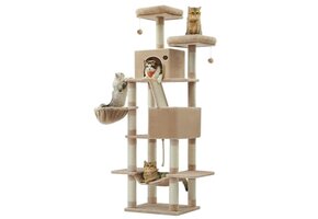 Kattenboom Beige 206cm - 55% Korting! Met Hangmat & Slaapgrotten