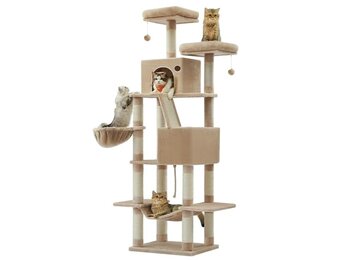 Kattenboom Beige 206cm - 55% Korting! Met Hangmat & Slaapgrotten