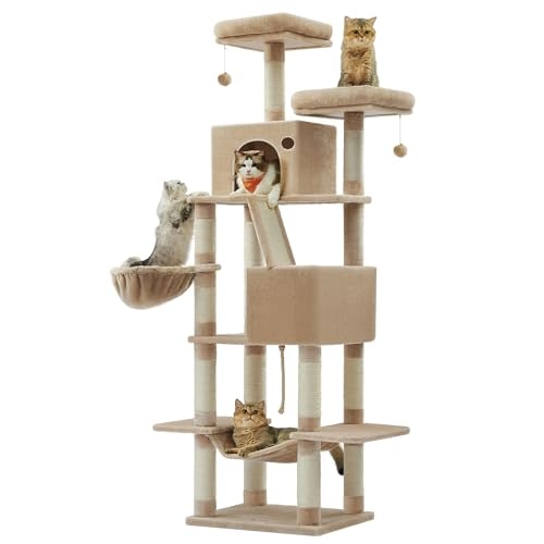 Kattenboom Beige 206cm - 55% Korting! Met Hangmat & Slaapgrotten