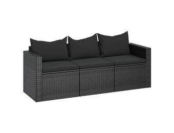 vidaXL Tuinbank 3-zits met kussens poly rattan zwart
