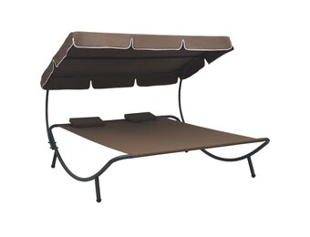 vidaXL Loungebed met Luifel & Kussens - Bruin | Nu 55% Korting!