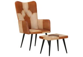 vidaXL Fauteuil met voetensteun | Echt Leer & Canvas | Bruin | -30%