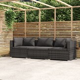 vidaXL Driezitsbank met kussens poly rattan grijs