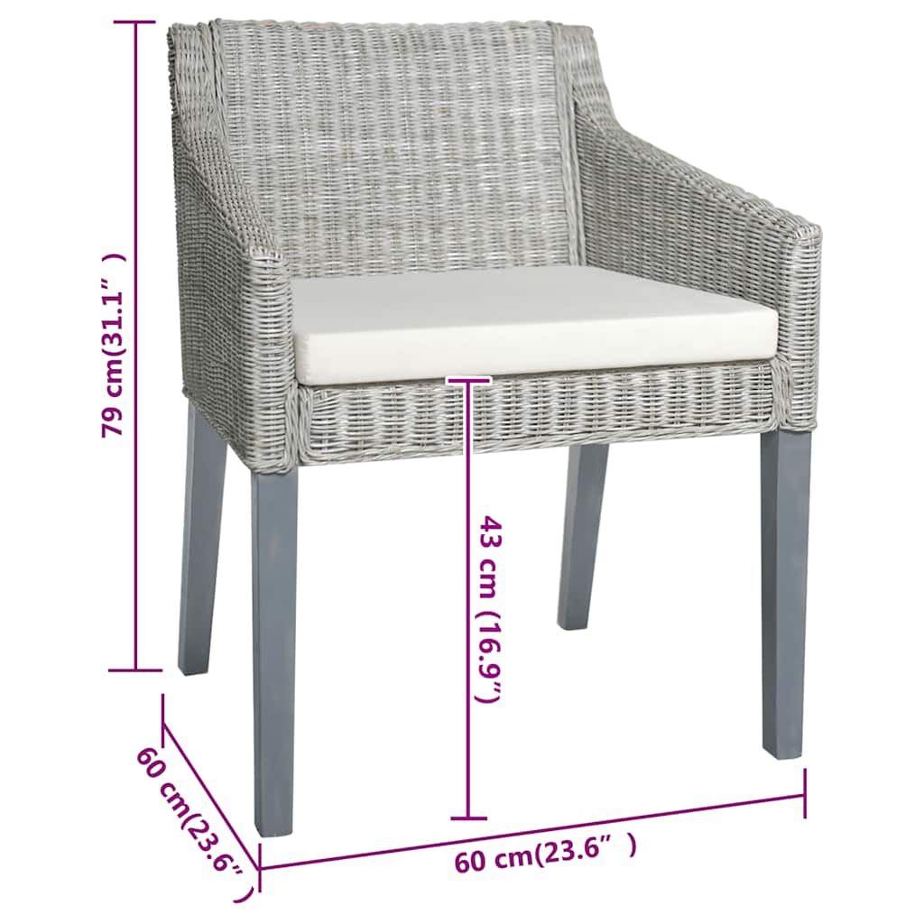 vidaXL Eetkamerstoelen 2 st Natuurlijk Rattan met Kussens (Grijs) - 53% Korting!