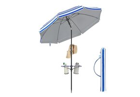 Strandparasol UV 50+ Blauw Gestreept met Tafel - 35% Korting!