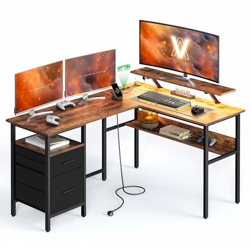 Hoekbureau Rustic Brown met LED & Stopcontacten | 55% Korting