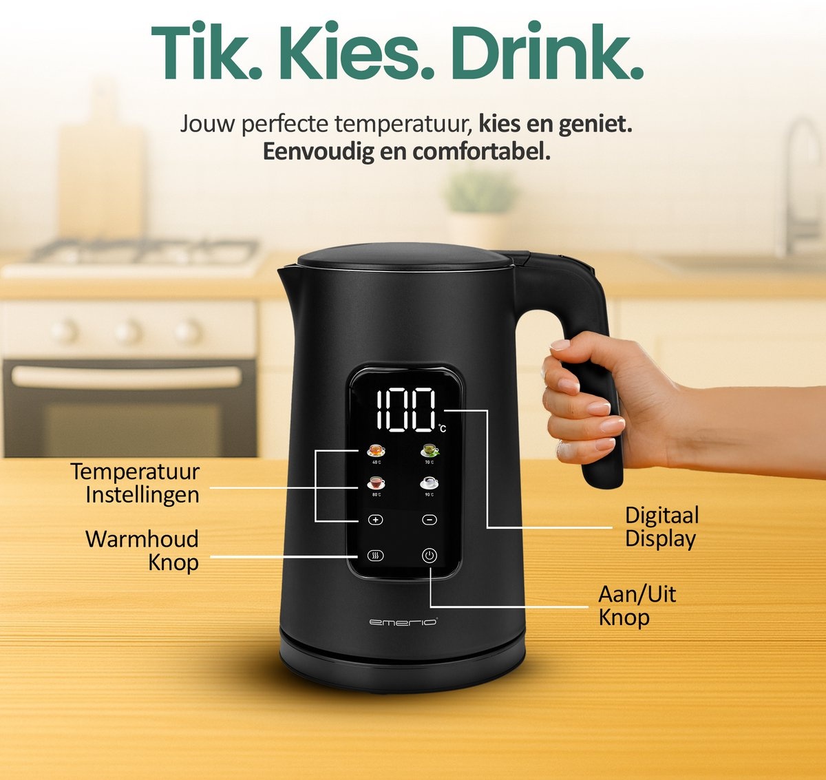 Emerio Waterkoker 1.7L met Temp.reg. & Warmhoudfunctie - Zwart - Nu 53% Korting!